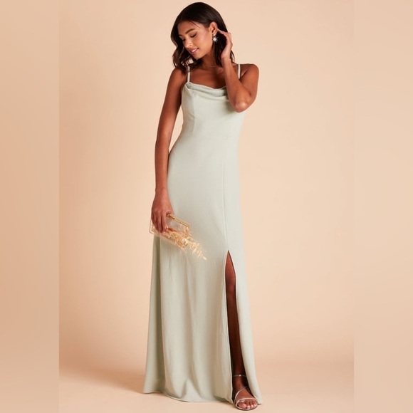 Birdy Grey Dresses & Skirts - Birdy Grey Ash Crepe Sage Green Cowl Neck Slit Bridesmaid Dress Gown EUC Size S